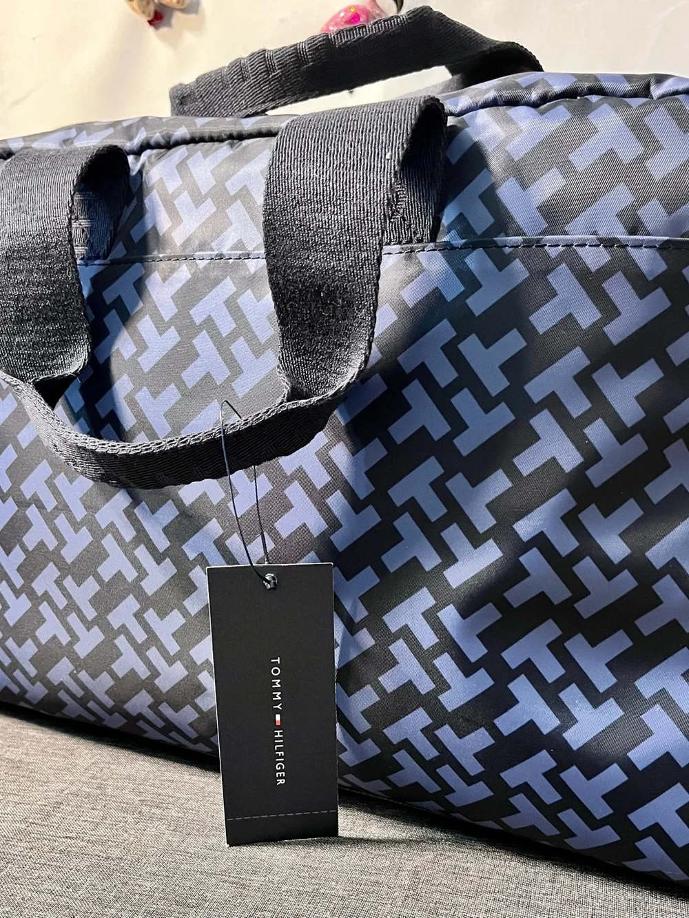 NWT Tommy Hilfiger Navy and Black Geometric Duffel Bag retail tag: $148
